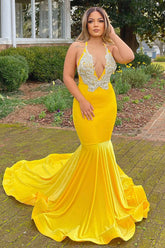 Vestidos de fiesta de sirena con escote en V, tirantes finos, encaje y apliques amarillos hasta el suelo